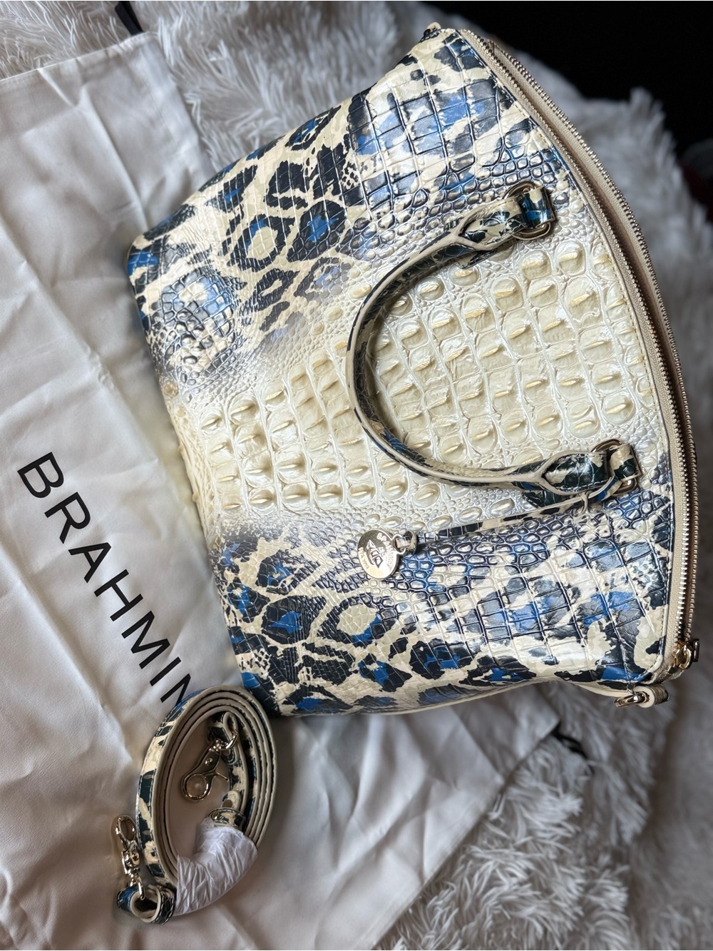 Brahmin Cream and Blue Embossed Leather Satchel with Animal Print